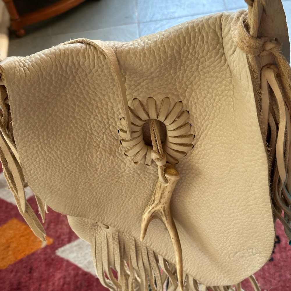 Boho Cream Leather Fringe Shoulder Bag with Antler Toggle